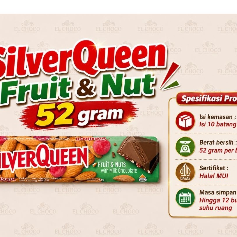 Cokelat Silverqueen Besar Rasa Fruitnut 52 gram ( isi 10 pcs ) Expired 2027