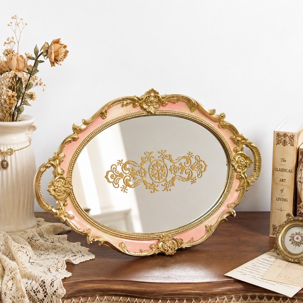 Nampan Kaca Vintage Pink Gold Tray Dekorasi Elegan / Tray Sajian Teh Kopi | Nampan Dekorasi Elegan C