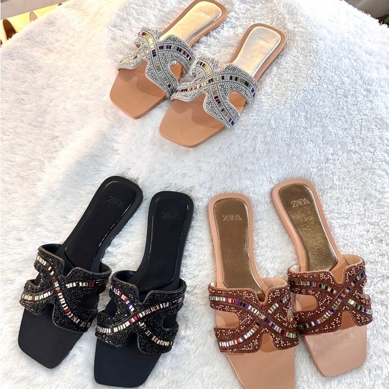 sendal sandal flat ZARA HY-03 bahan sorovski import premium