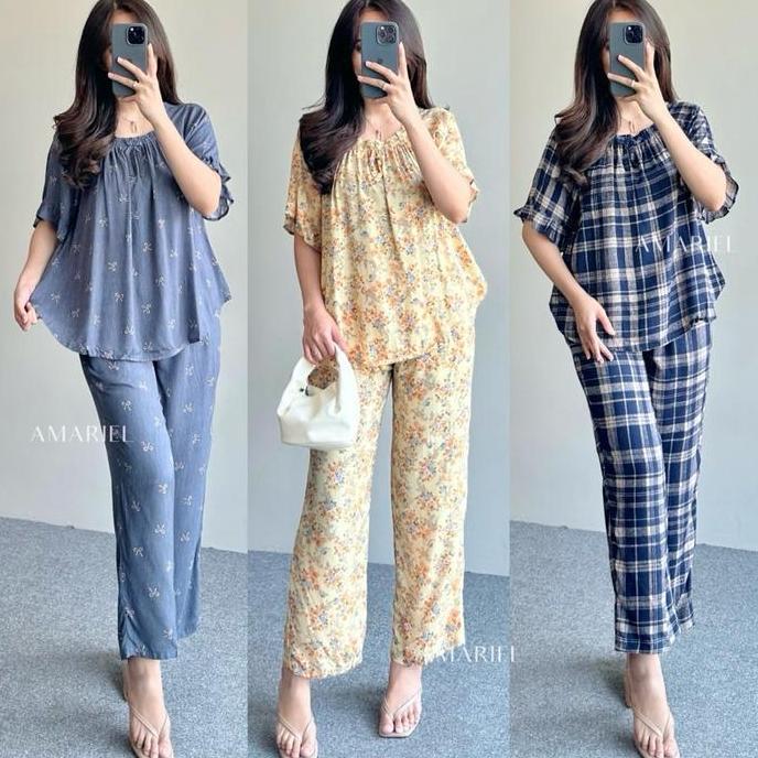 Genivalezz - Amariel Julia Oneset Piyama Setelan Atasan Baju Celana Panjang Tidur Nyaman Adem Ruffle