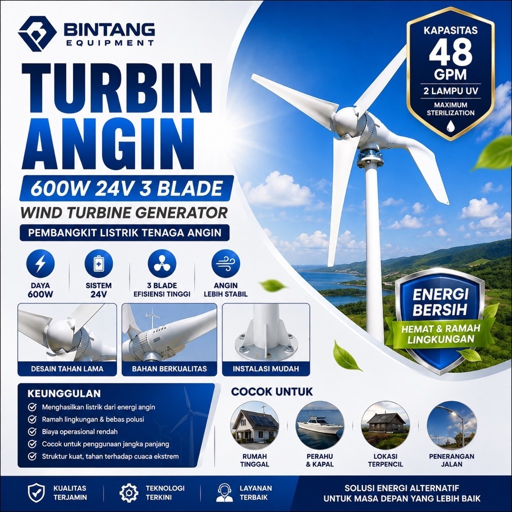 Turbin Angin 600W 24V 3 Blade Wind Turbine Generator Pembangkit Listrik Tenaga Angin
