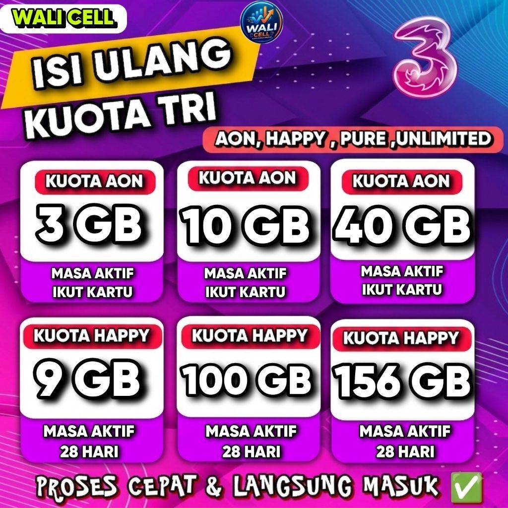 paket kuota internet tri 3 AON HAPPY PURE UNLIMITED  1 TAHUN , SEMUA WILAYAH