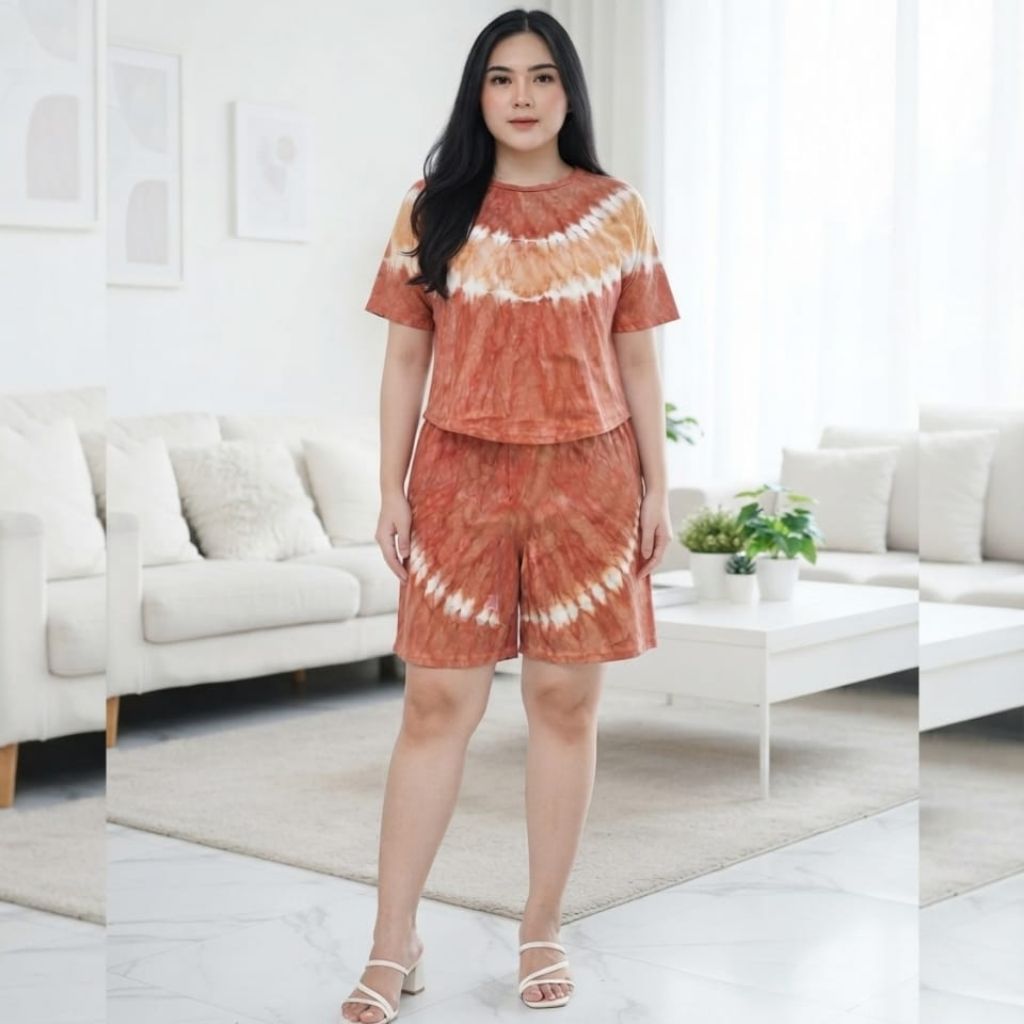Setelan Wanita Celana Kulot Pendek Selutut Atasan Lengan Pendek Motif Tiedye Warna Warni Kombinasi G