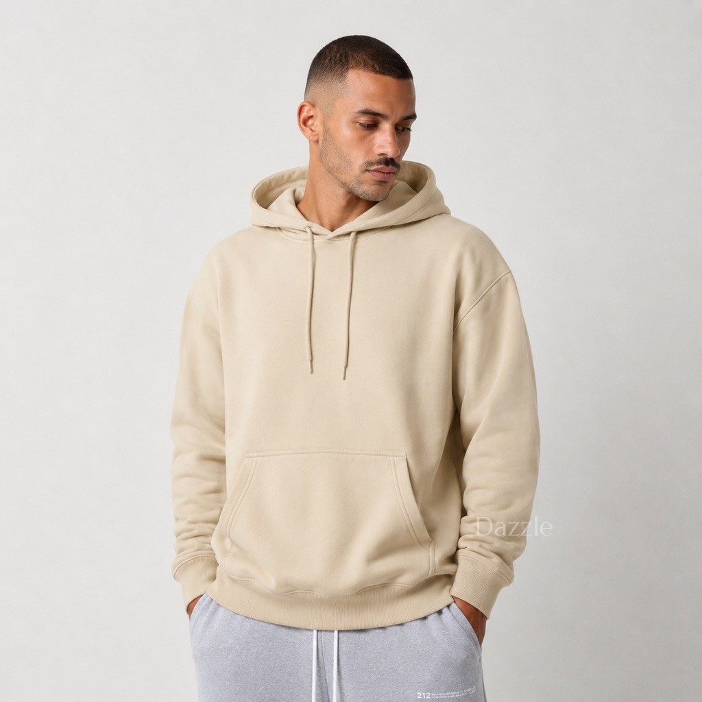 DAZZLE | HOODIE POLOS CREAM BEIGE COTTON FLEECE UNISEX PRIA WANITA.