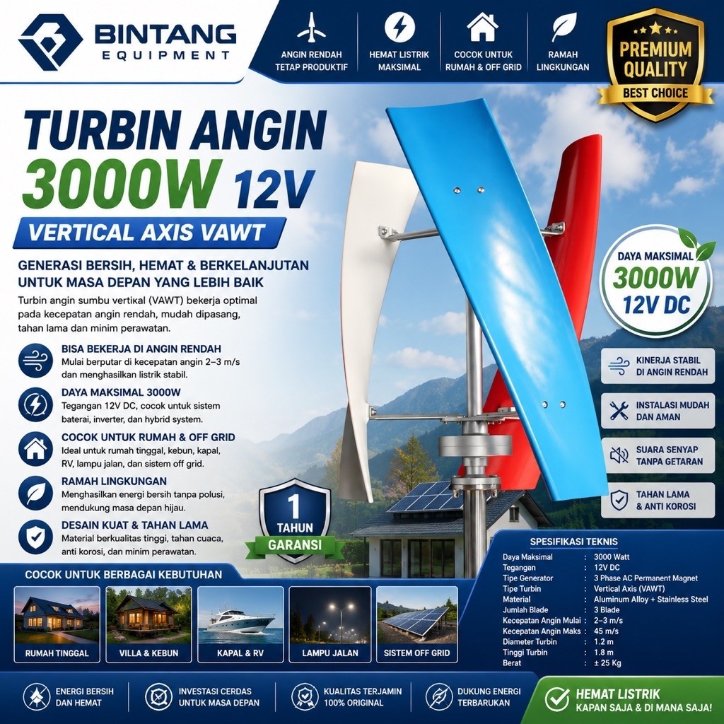 Turbin Angin 3000W 12V Vertical Axis VAWT Generator Listrik Wind Turbine Rumah Hemat Listrik lo