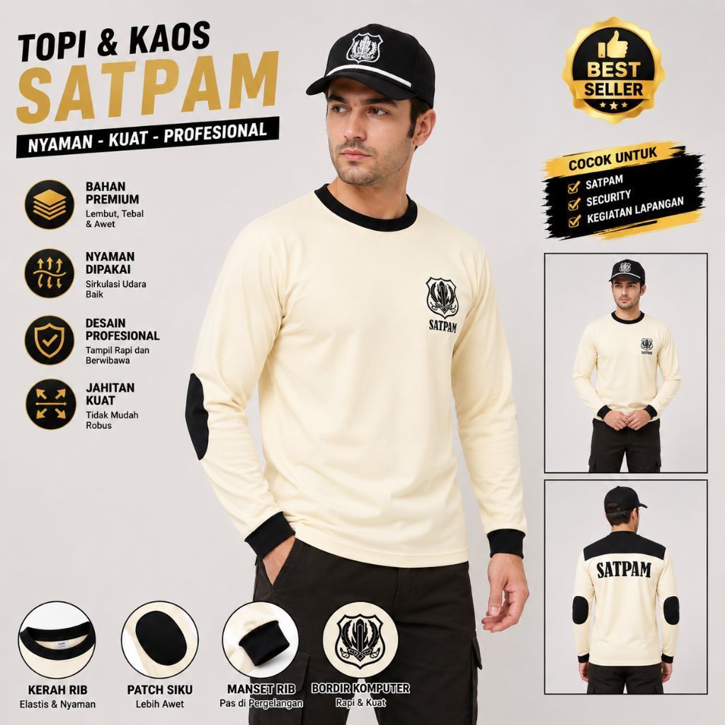 Kaos Satpam Lengan Panjang Cream Krem | Kaos Security Baju Satpam Bordir + Topi