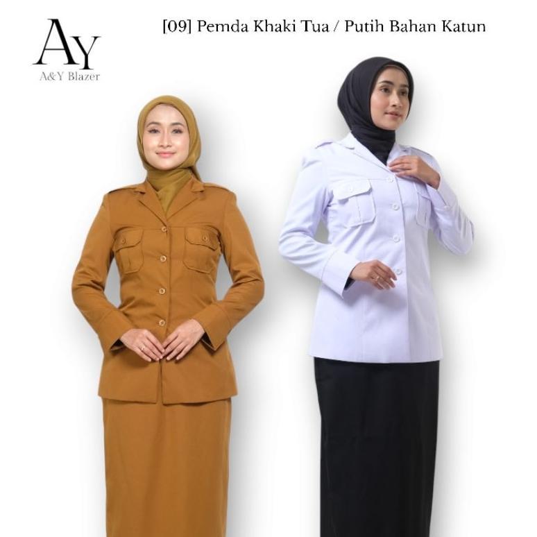 Gratis Ongkir [09] A&Y Blazer Baju Seragam Saku Dada Pemda Pdh Guru / Pns Wanita Warna Khaki Tua & P
