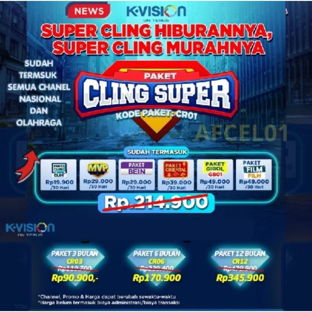 Paket KVision Cling Super CR01 Channel Nasional Olahraga Bein Gbol Film