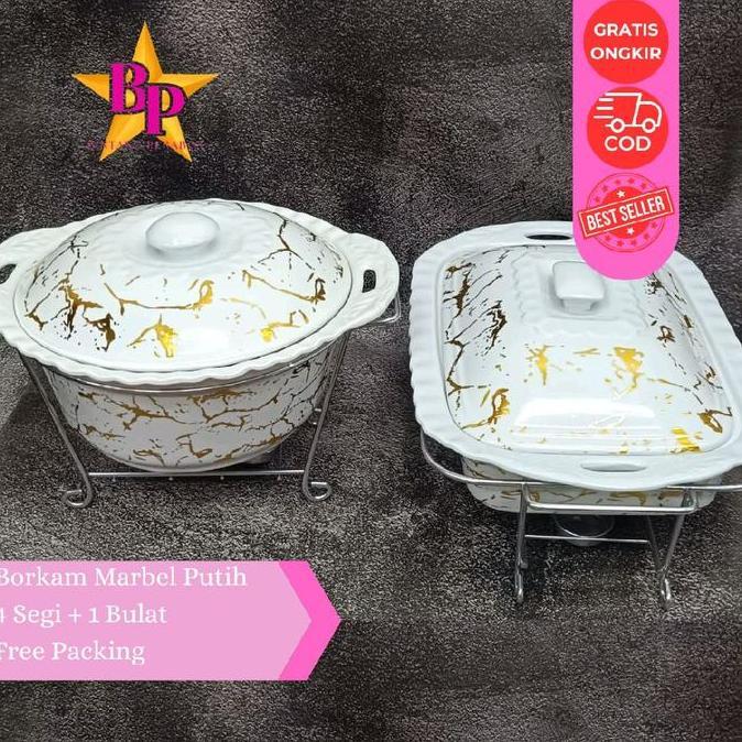 Borkam Keramik Set 4 Segi + 1 Bulat Prasmanan Marbel Putih /Wadah Saji & Panci Penghangat Makanan | 