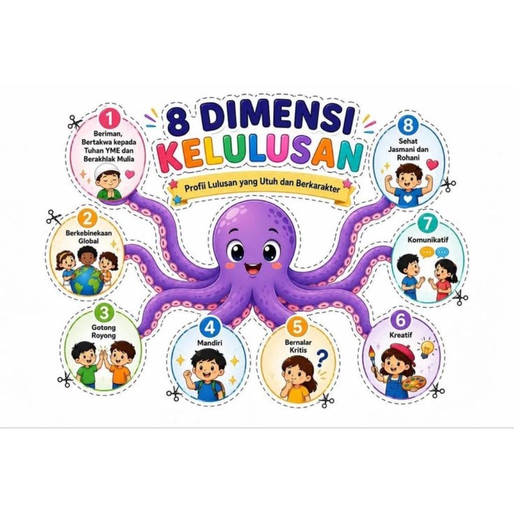 Poster / stiker 8 Dimensi Kelulusan Profil Lulusan yang Utuh dan Berkarakter Edukasi Anak