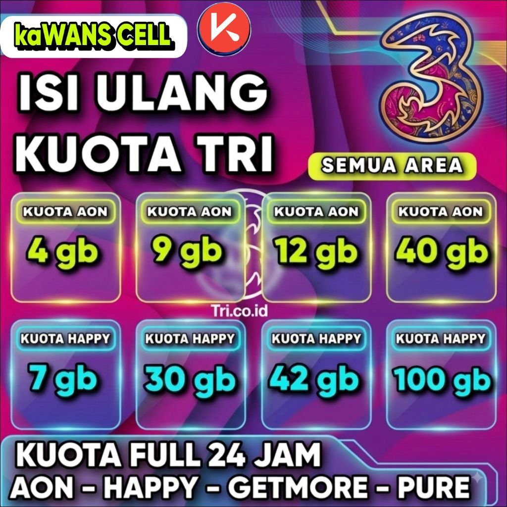 Paket Data TRI Kuota Internet  aon happy pure ,Murah & Unlimited full 24 jam
