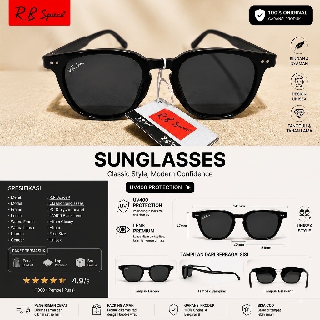 Kacamata Hitam pria Full Frame Black Glossy | Kacamata Gaya Casual pria  (KT299)