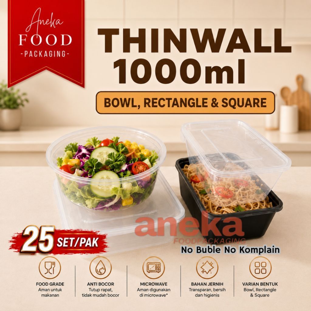 25set- Thinwall 1000ml RECTANGLE, BOWL & SQUARE wadah plastik REC 1000 SQ mangkok kotak persegi cont