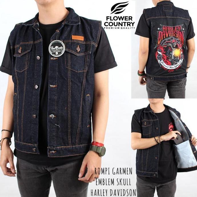 Rompi Motor Pria Vest Denim Sandwash Emblem Skull Rompi Touring Tebal
