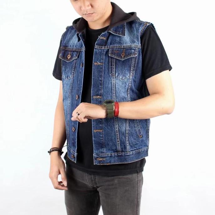 Rompi jeans hoodie pria san wash original naken / vest jeans / rompi Casual Unisex Hitam