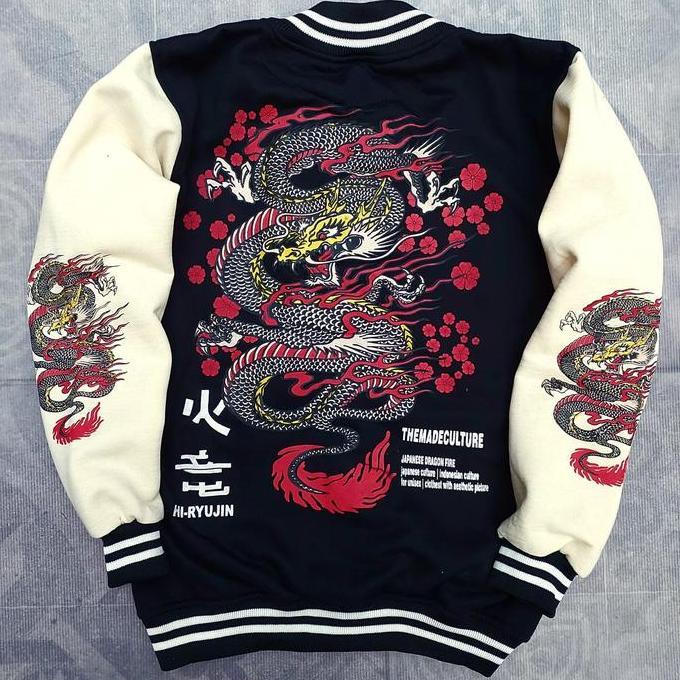 Keceabis- Jaket Varsity Baseball Motif Naga Api Yakuza Culture Unisex Fleece Kain Tebal Desa Logo Pa