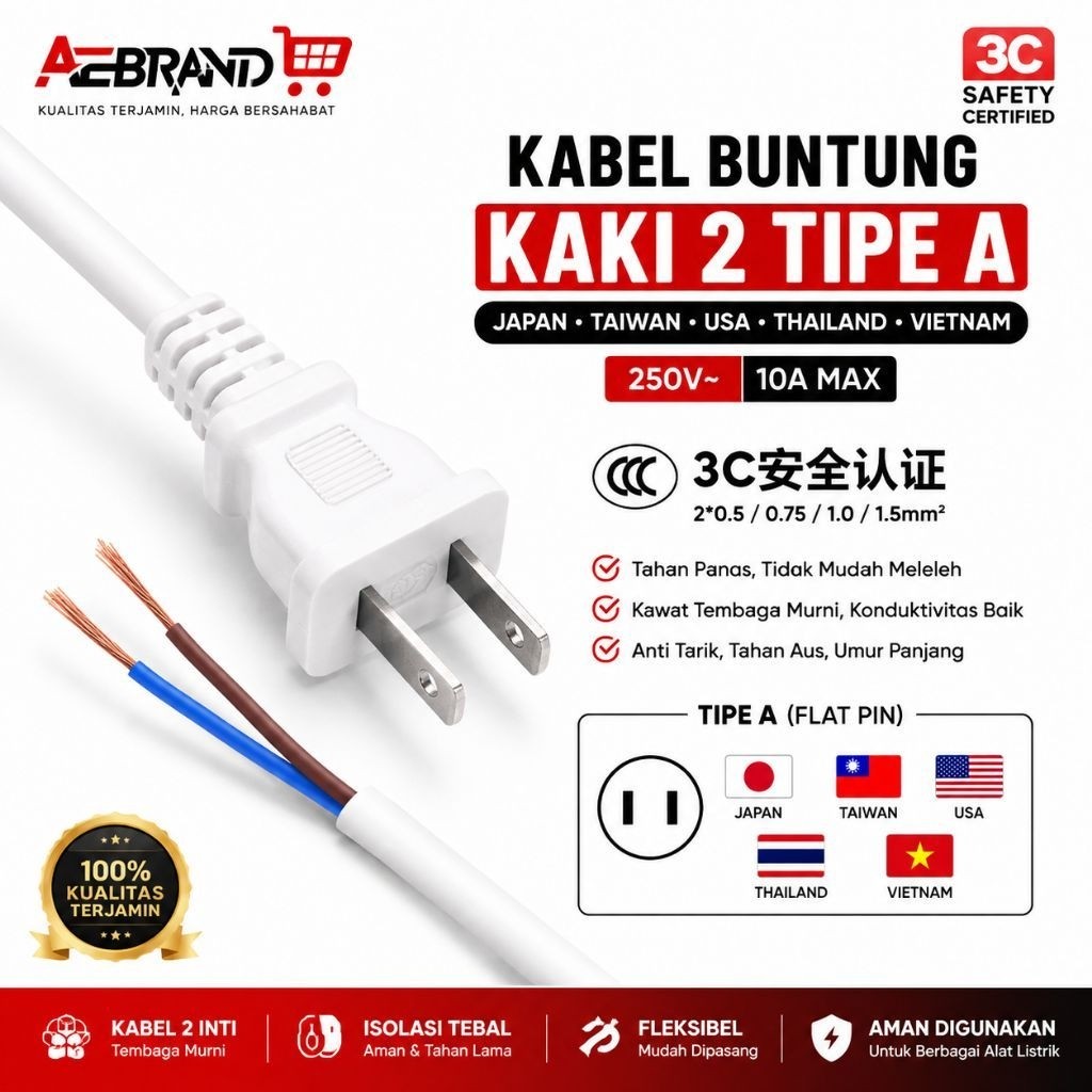 AEBDG Kabel Power kaki 2 tipe A Ukuran 2×0,75) 1,4 METER untuk JAPAN, USA, CHINA, TAIWAN Length 1.4 