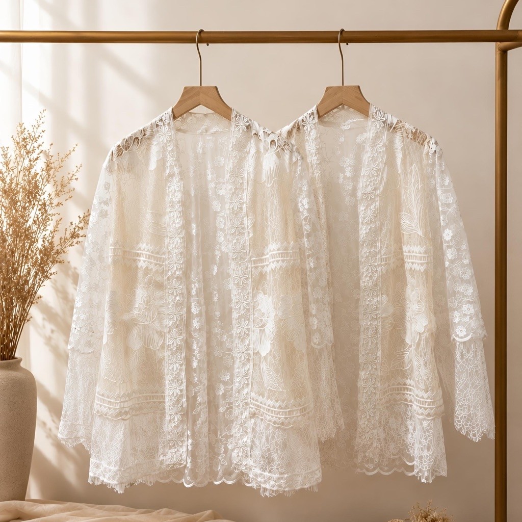 Kamadeeya - Keira Outer Brukat Wanita | Outer Putih Lengan Panjang | Atasan Brokat Floral