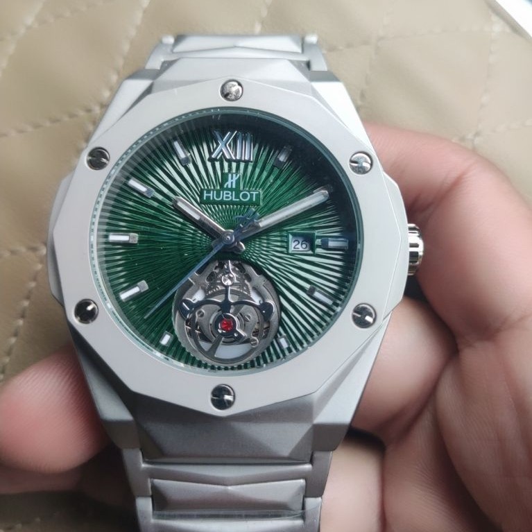 Jam Tangan Hublot Pria Analog Dial Hijau dengan Tourbillon dan Kalender