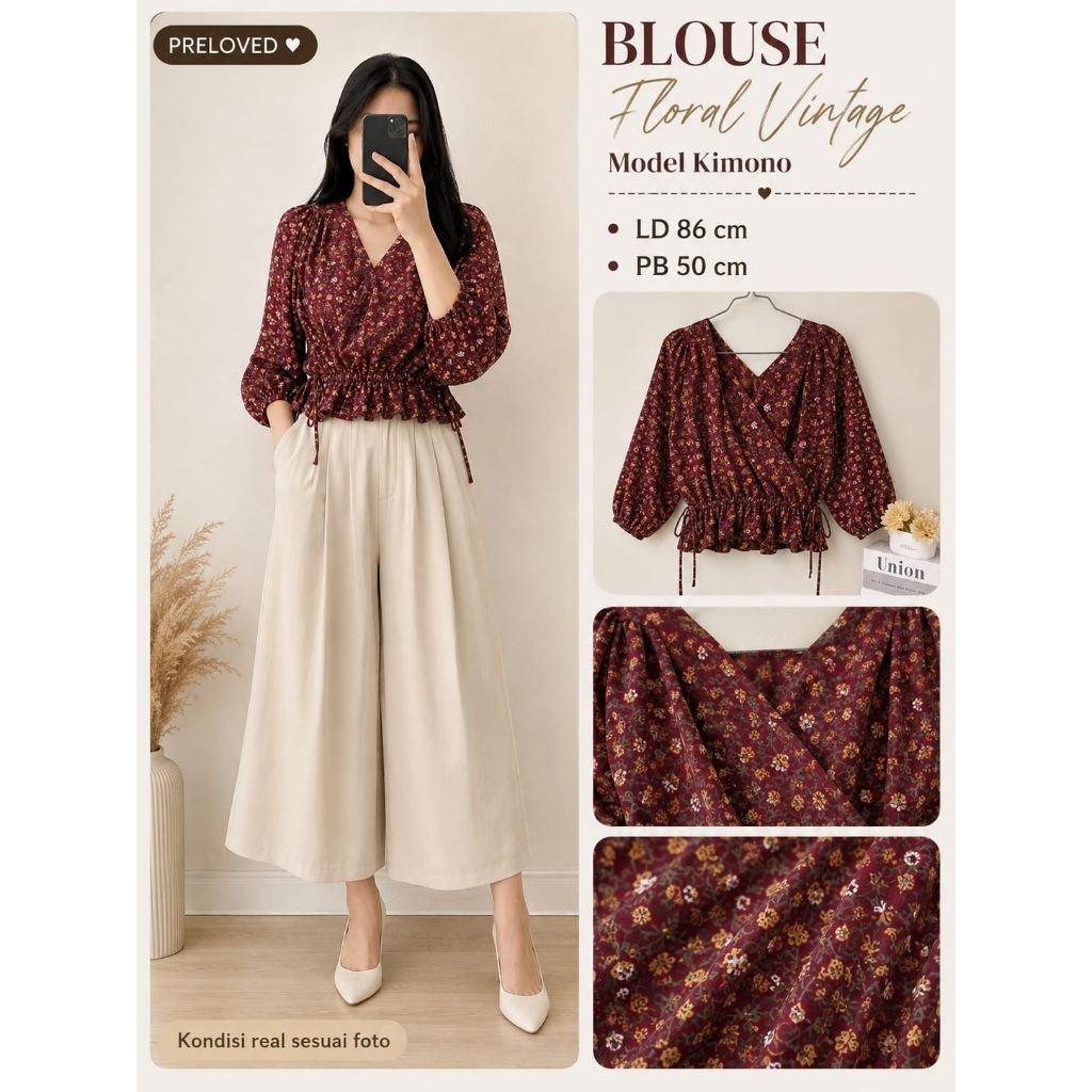Blus model crop,umpak, tumpuk asimetris bahan sifon preloved