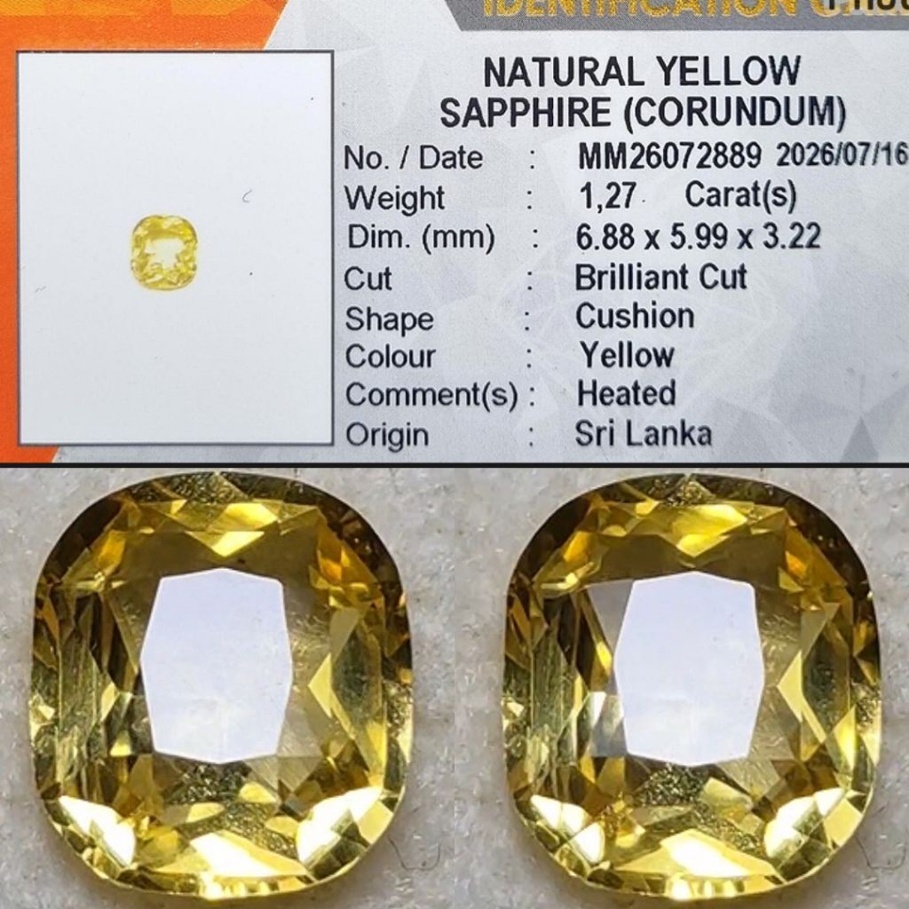 Natural Vivid Yellow Sapphire Srilanka 1.27 crt Ceylon Yakut Hot Top Kristal Clean Memo KGL Lab