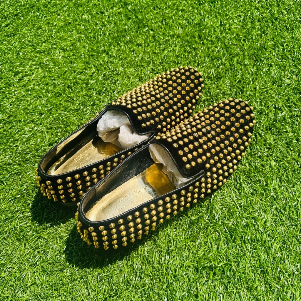 Gold Studded Spikes Black Velvet Men Shoes Fortuna Shoes