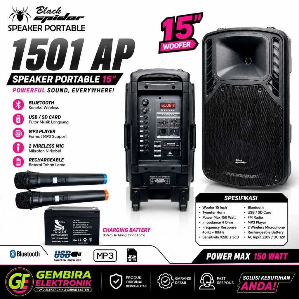Speaker Aktif Blackspider 15 inch Portable Bluetooth 1501ap 1501 ap Original