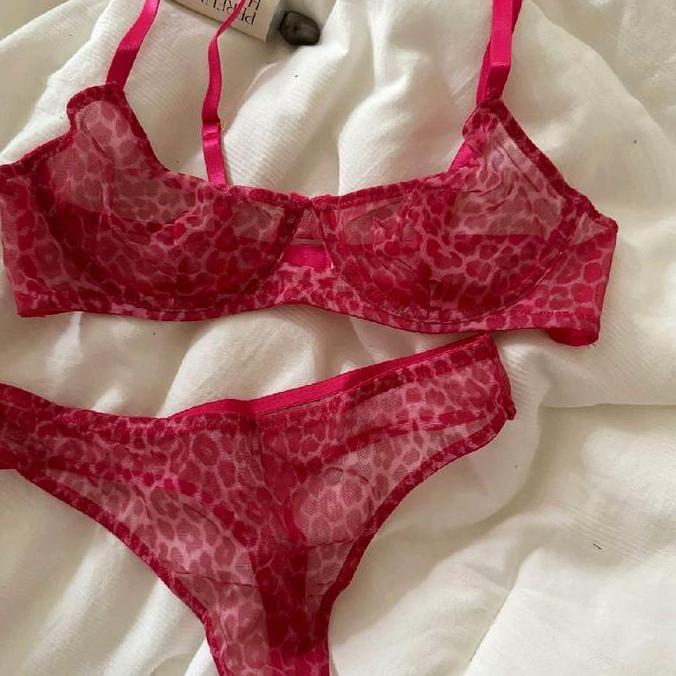 King Store ID - Leopard Bra Set Setelan BH Kawat dan CD Transparan Sexy Hot Thong Motif Macan Pink T