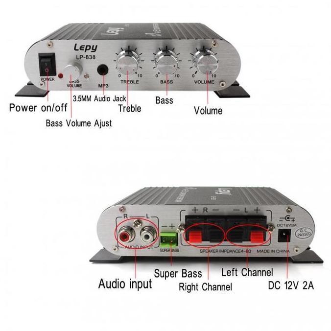 MonQiQiMini HiFi Stereo Amplifier Treble Bass Booster 12V 20W / LP-838 /Amplifier Power Speaker Toa 