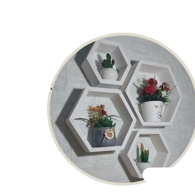 Rak Dinding Aesthetic Hexagonal 1 Set isi 4 PCS Kayu Jati Belanda  Hiasan Dinding Really Store Hexag