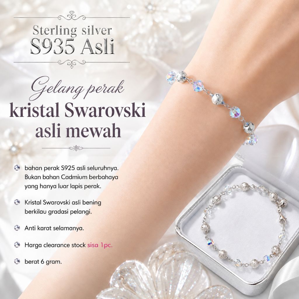 Royalacc-Gelang bola kristal Swarovski asli perak 925 asli anti karat selamanya, 6gram
