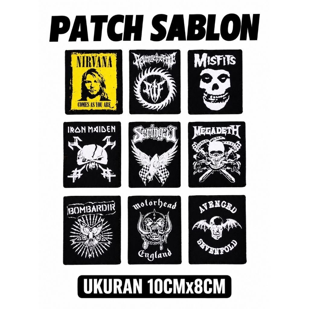 Patch Sablon Band Rock Nirvana Misfits Iron Maiden Megadeth Motorhead ukuran 10cm x 8cm