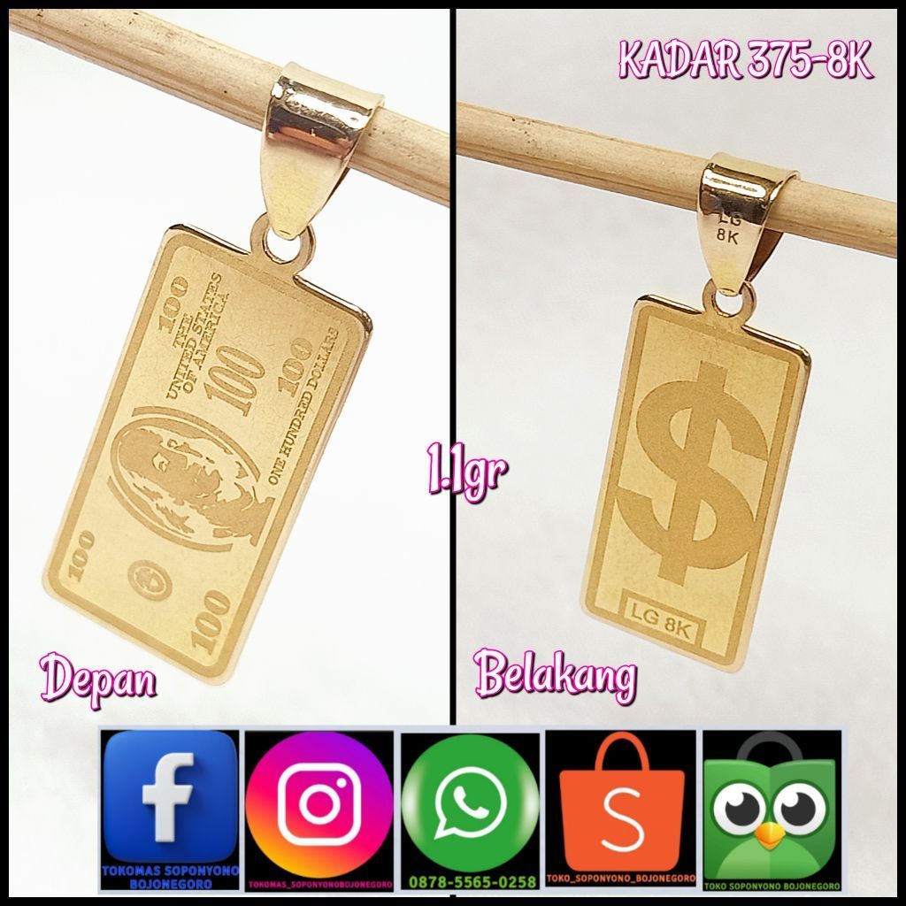 Gantungan Collar LG 8K motif uang 100 USD 1.1gr kadar 375-8K depan belakang
