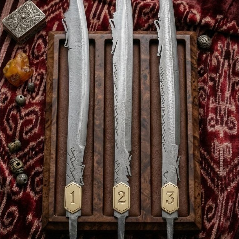 Pedang golok mandau hias gaya fantasy dengan bilah motif rune dan handle ukir, set dekorasi 3 pcs