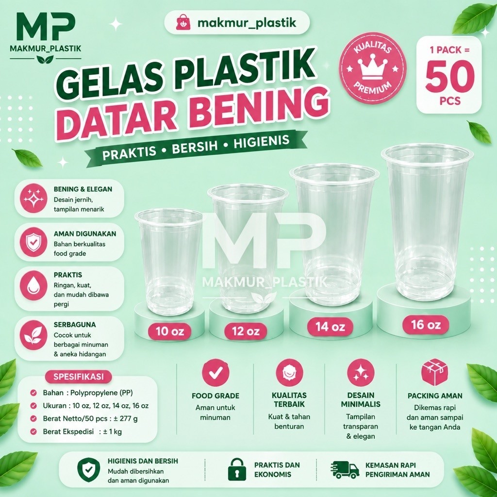 TENTEN Gelas Plastik Datar Bening 10 Oz 12 Oz 14 Oz 16 Oz Tebal & Kuat