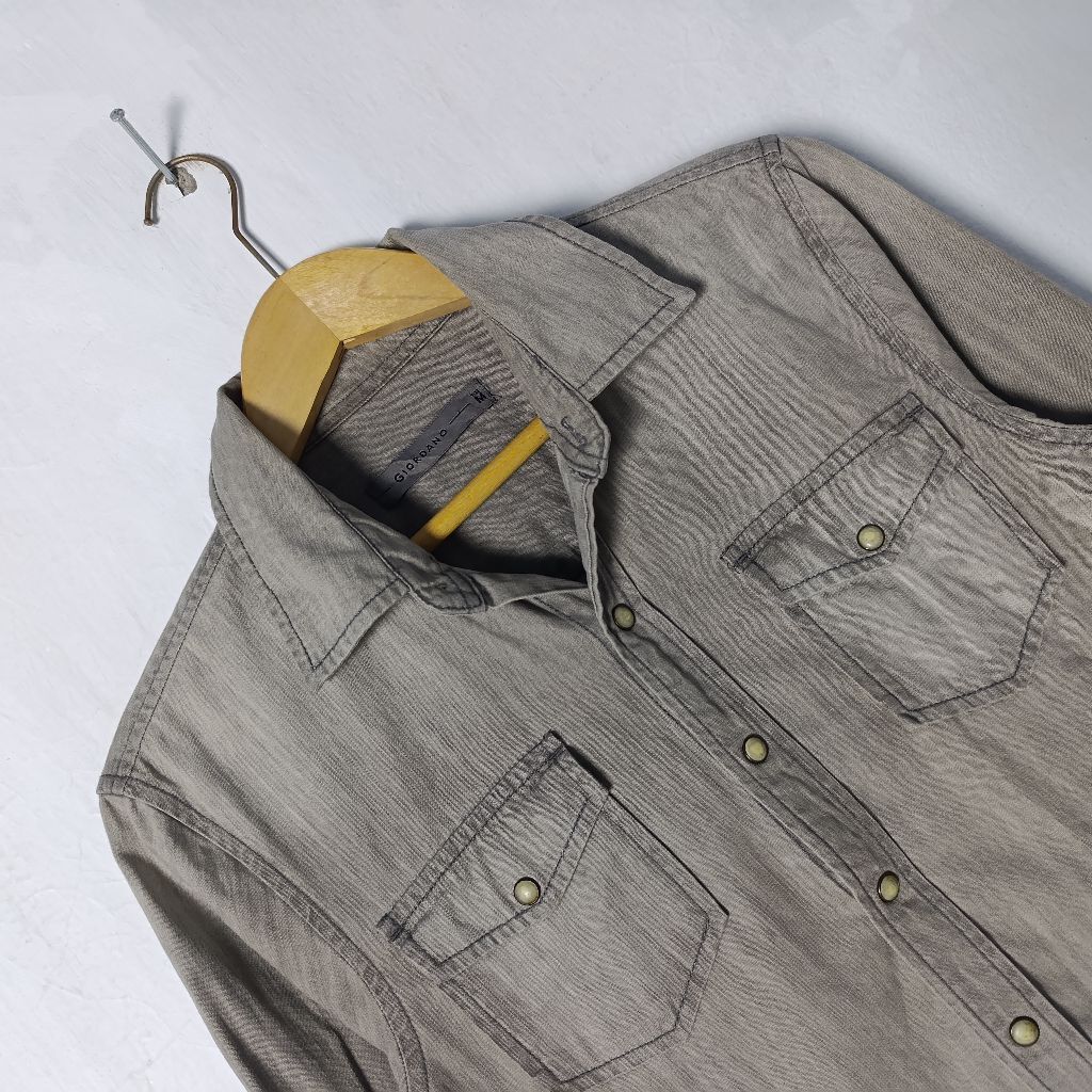 [Denim Giordano] Kemeja Denim Polos Long Sleeve Shirt Abu-abu Washed Size M (Fit to S)