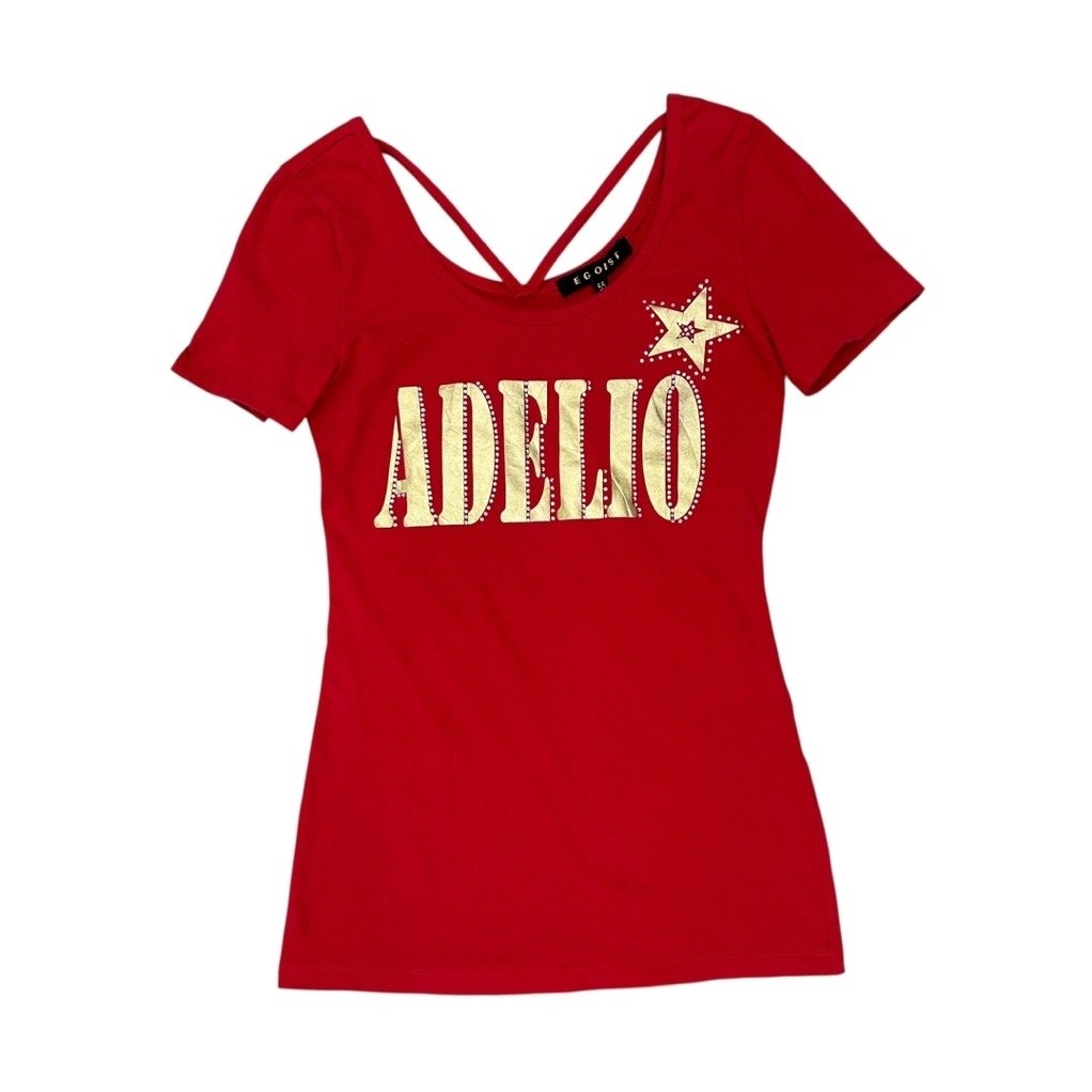 Kaos Wanita Egoist Merah Y2K Gold Rhinestone Star Backless Detail