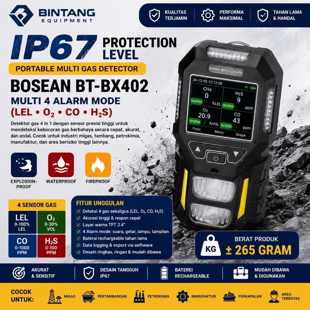 Portable Multi Gas 4in1 Gas  Detector Bosean BT-BX402 Multi 4 Alarm Mode (LEL O2 CO H2S)