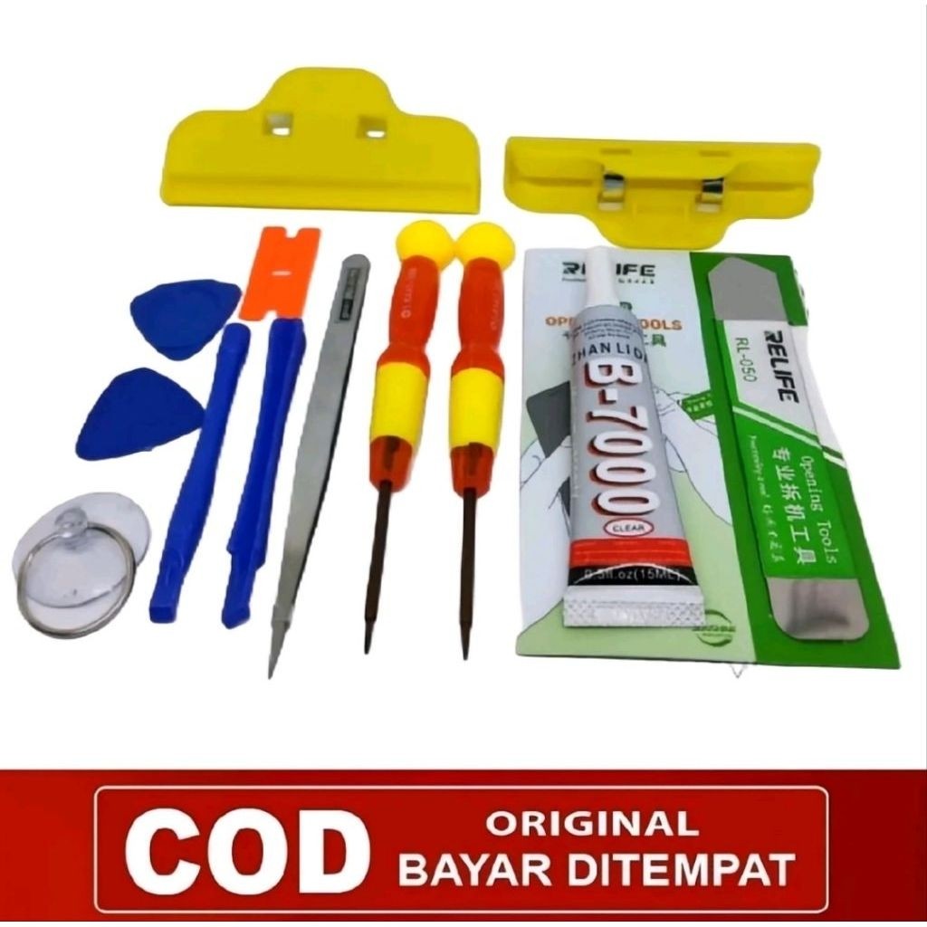 Obeng 10 in 1 + lem B7000 15 ml + 2 jepitan LCD + Congkelan LCD obeng Hp Obeng Alat bongkar hp