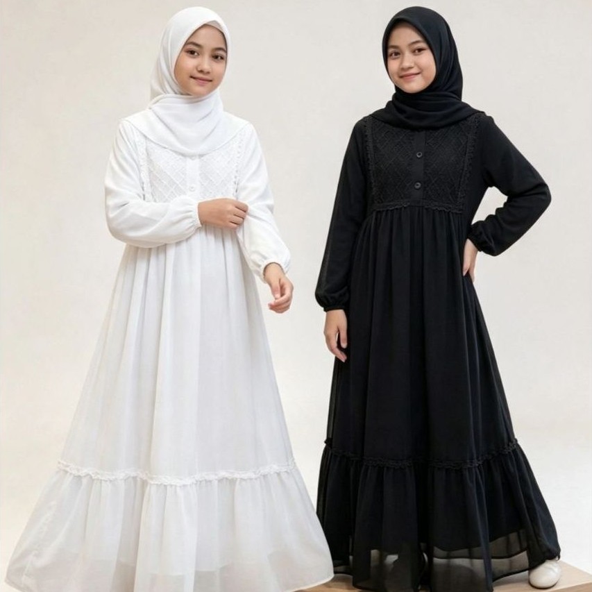 Gamis muslimah anak tanggung berbahan Ceruti ,Renda Dada Set Hijab pasmina pakai tali dileher, Hitam