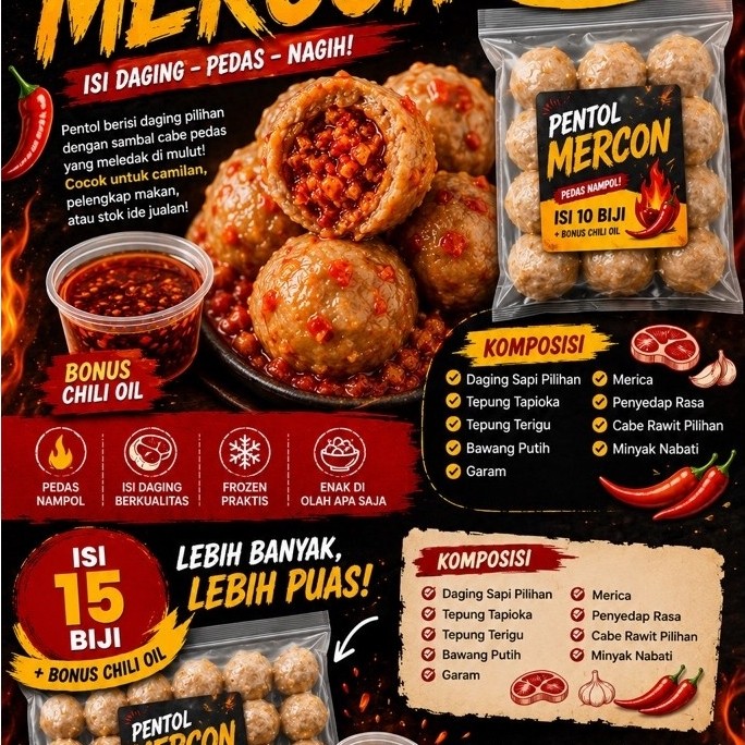 Pentol Mercon Pedas Nampol Isi Daging Plus Bonus Chili Oil 15 BiJI Frozen Praktis