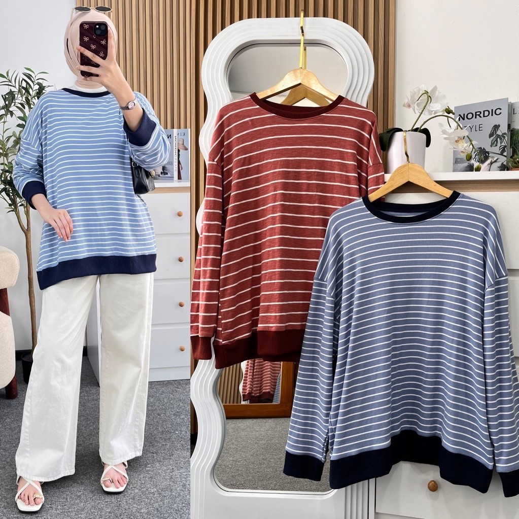Little butik MERISA STRIPE OVERSIZE TOP | atasan tunik oversize wanita bahan kaos knit ukuran jumbo 