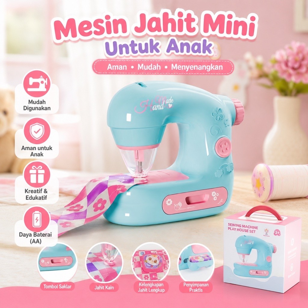 Mainan Mesin Jahit Anak Perempuan - 3D Printing, Aman untuk Usia 3 Tahun ke Atas