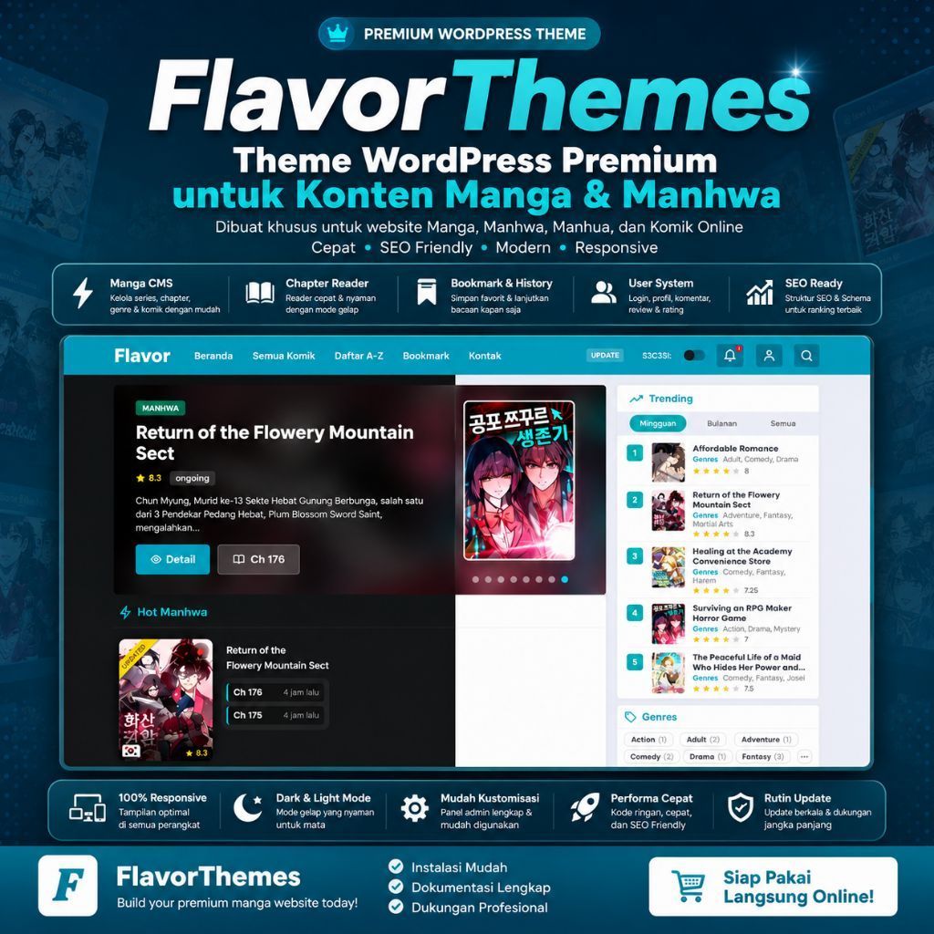 Flavor Paket Theme WordPress Komik FlavorManga Pro Plus Plugin Auto Scraper Website Baca Manga Manhw