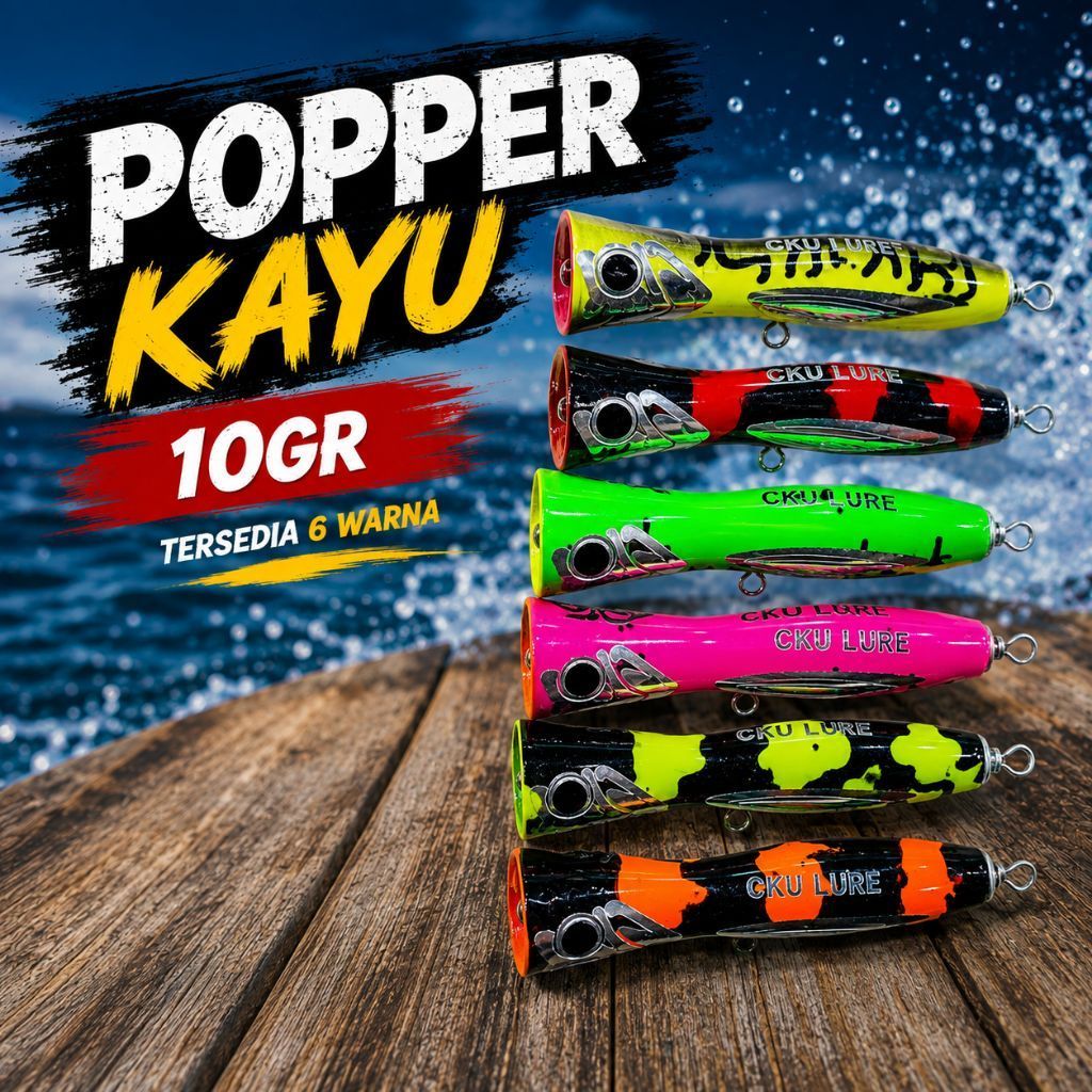 Umpan Popper Kayu 10GR | Umpan Pancing Topwater | Lure Predator Ikan Laut