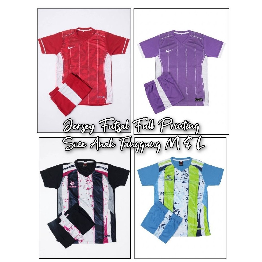 Ready ukuran Tanggung Baju/Celana Pendek Satu Set Futsal Olahrga Bahan Full Printing Size M Dan L An