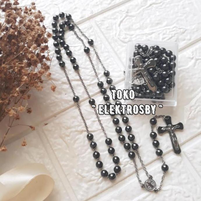 Kalung Rosario Batu, Salib Monel/Besi Putih "ASLI Tdk KARAT"