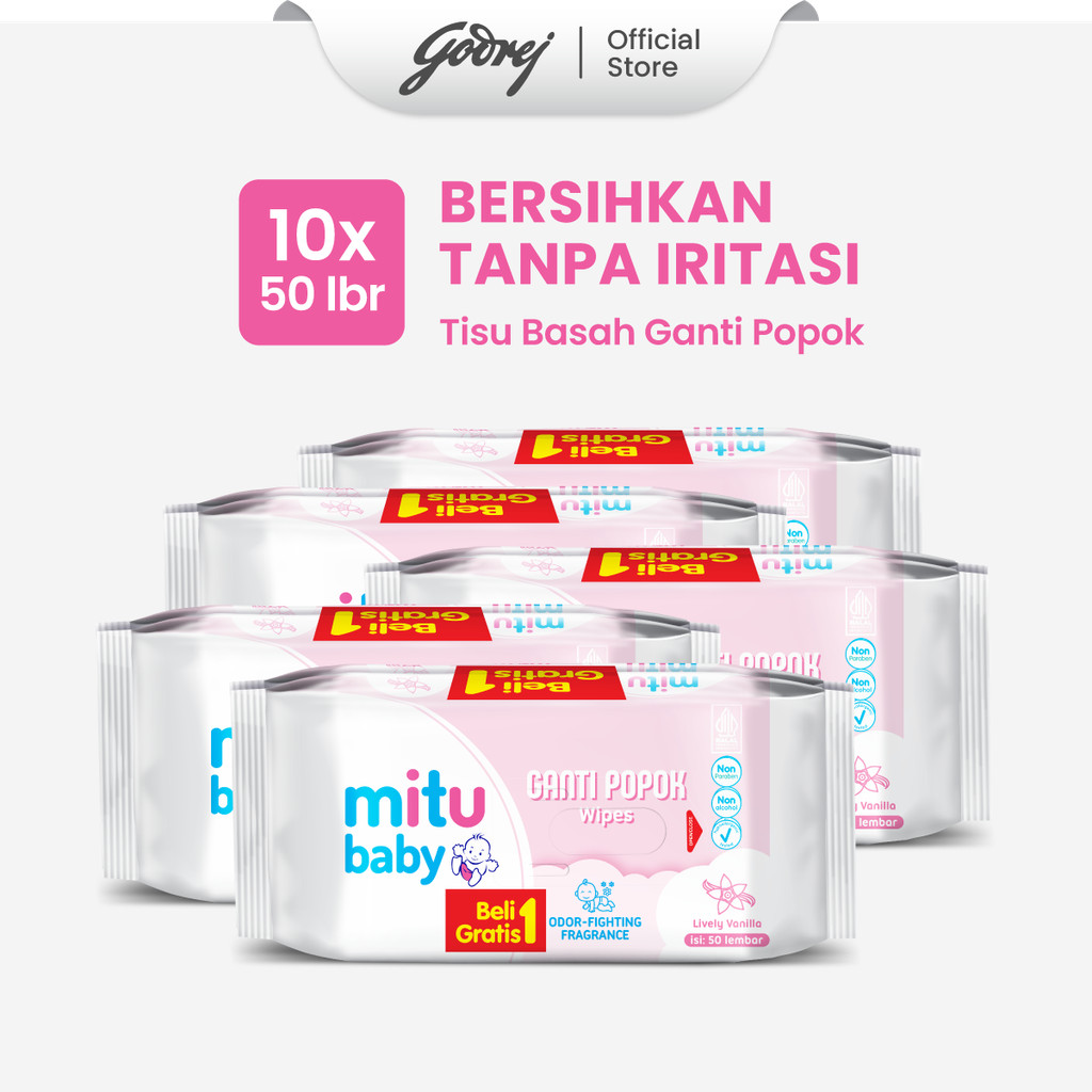 [Beli 1 Gratis 1] Mitu Baby Ganti Popok Wipes Lively Vanilla 50'S x5 - Tisu Basah Bayi