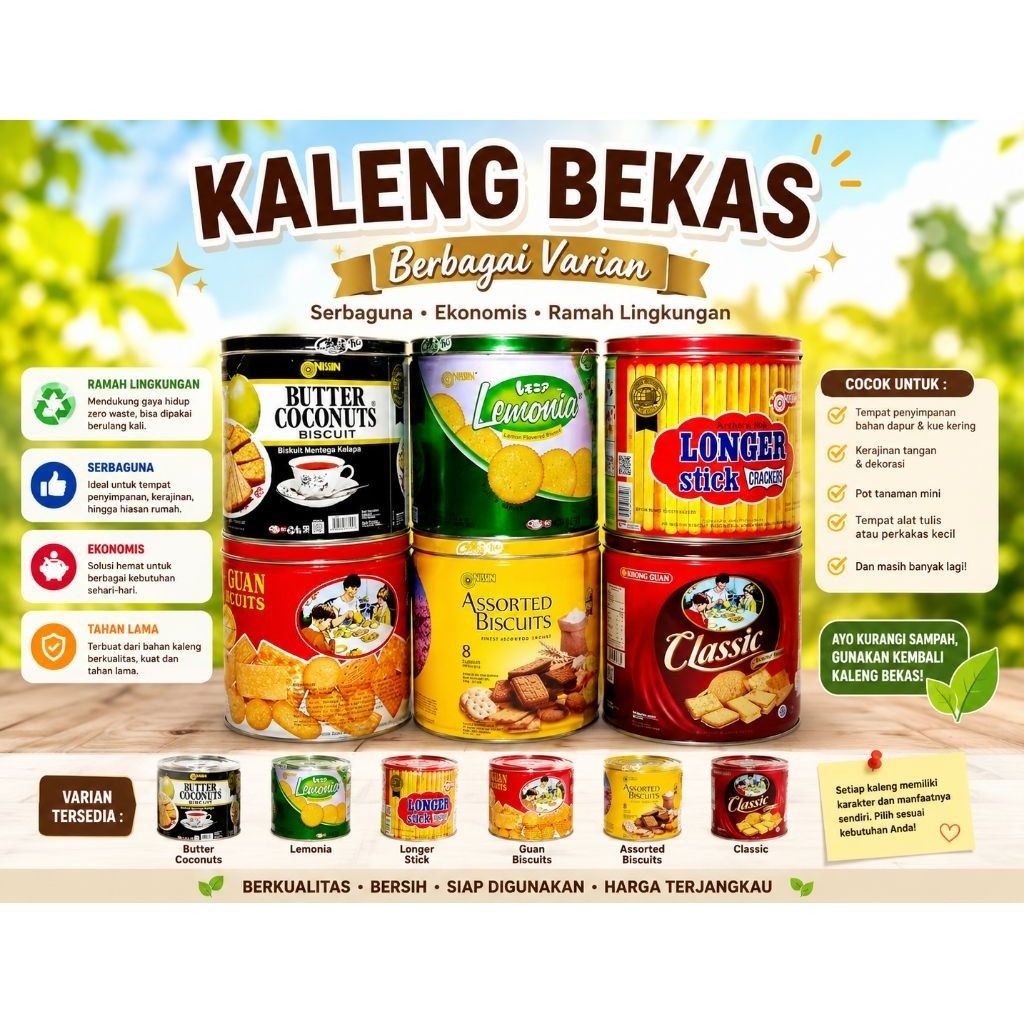 kaleng bekas biskuit berbagai varian, kaleng bekas serbaguna untuk prakarya, kerajinan dan penyimpan