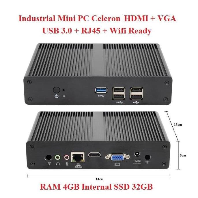 Industrial Mini PC x86 Intel Celeron 4GB SSD 32GB Wifi HDMI VGA MiniPC